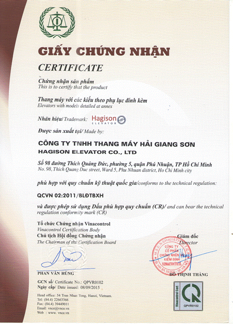 Chứng nhận QCVN 02/2011 - Thang Máy HAGISON - Công Ty TNHH Thang Máy Hải Giang Sơn